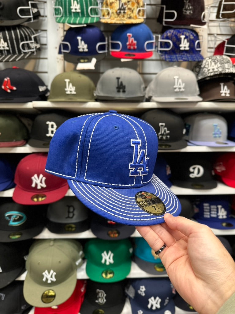 LA Dodgers MLB Vintage White Stitch Fitted Hat | New Era 59FIFTY Sized Cap | Blue