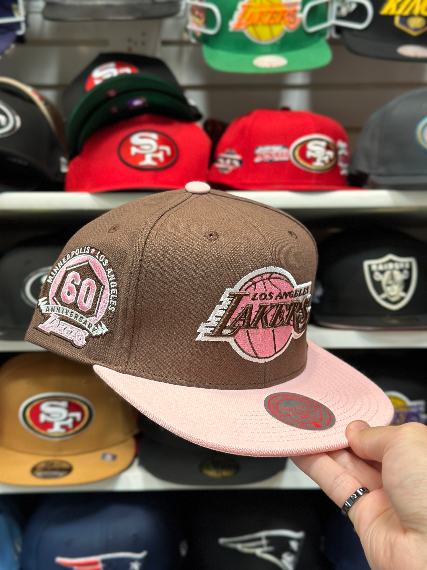 LA Lakers NBA 60th Anniversary | Mitchell & Ness Original Fit Adjustable Snapback | Brown/Pink