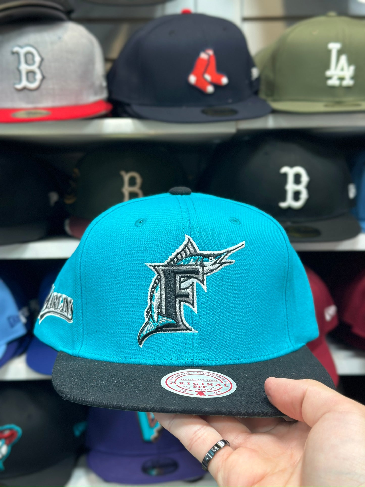 Florida Marlins MLB Snapback | Mitchell & Ness Original Fit Adjustable Hat | Teal/Black