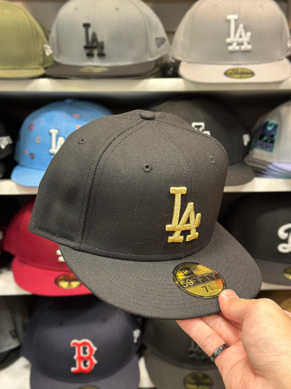 LA Dodgers MLB Fitted Hat | New Era 59FIFTY Sized Cap | Black/Gold | Size 7 5/8