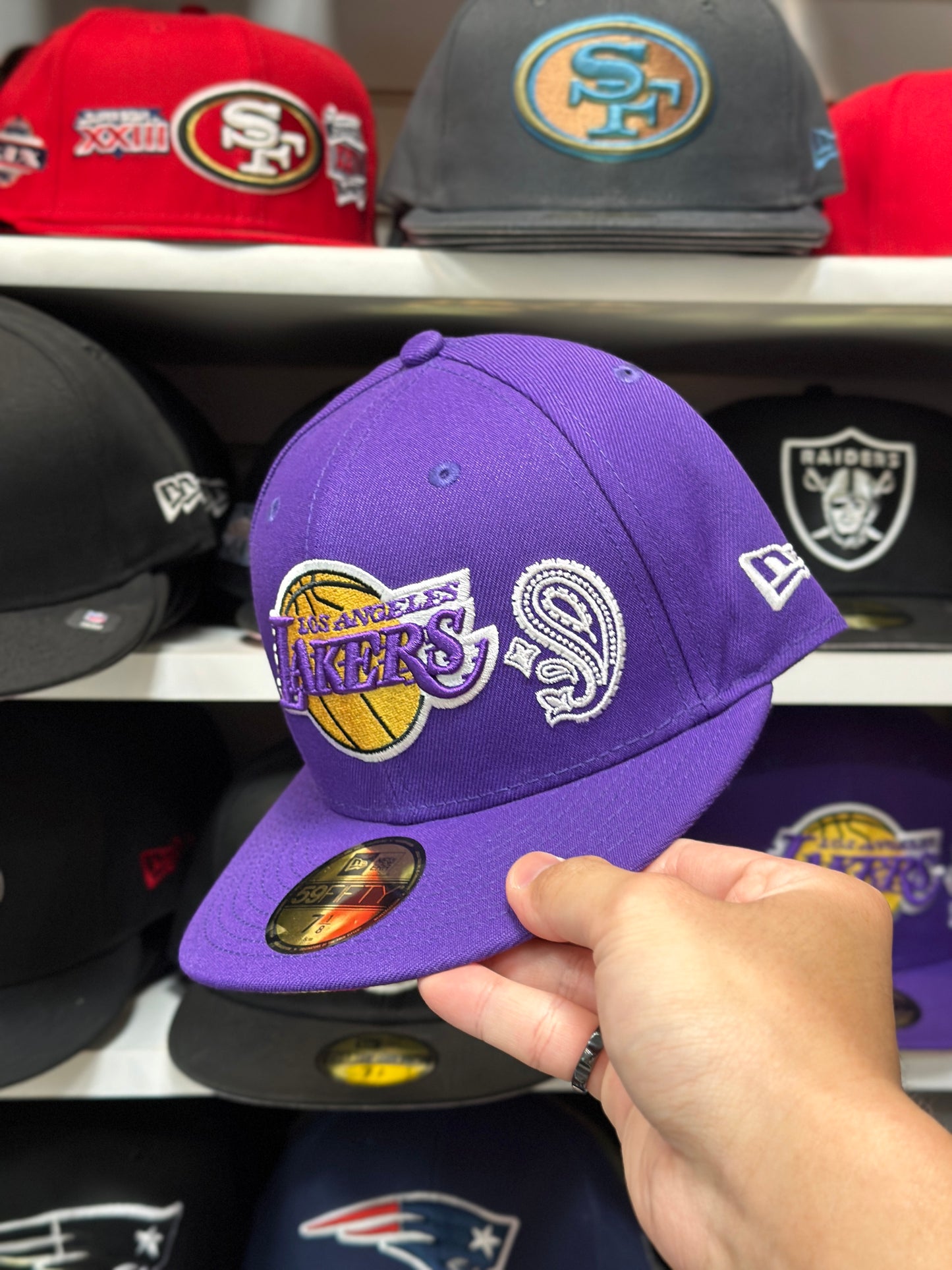 LA Lakers NBA Multicolor Paisley Under Brim | New Era 59FIFTY Fitted Hat | Purple | Multiple Sizes