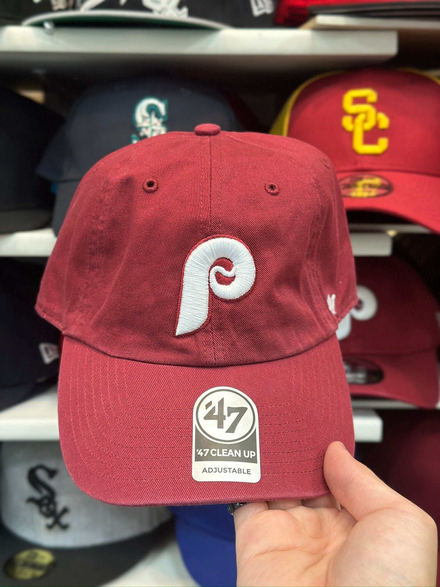 Philadelphia Phillies MLB Retro P Dad Cap | '47 Brand Clean Up Adjustable Curve Hat | Maroon