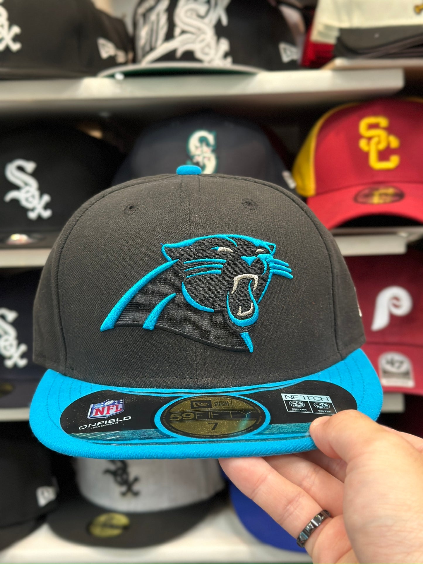 Carolina Panthers NFL Fitted Hat | New Era 59FIFTY Sized Cap | Black/Blue