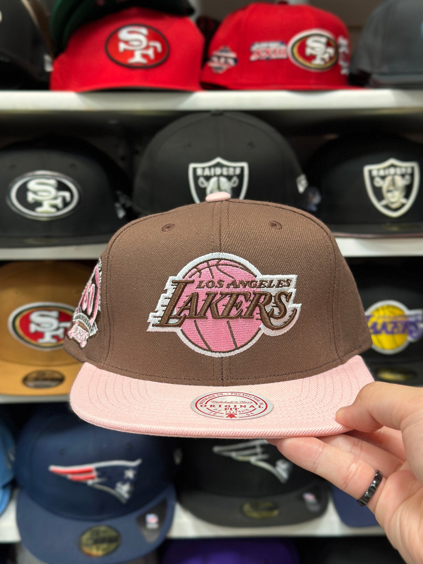 LA Lakers NBA 60th Anniversary | Mitchell & Ness Original Fit Adjustable Snapback | Brown/Pink