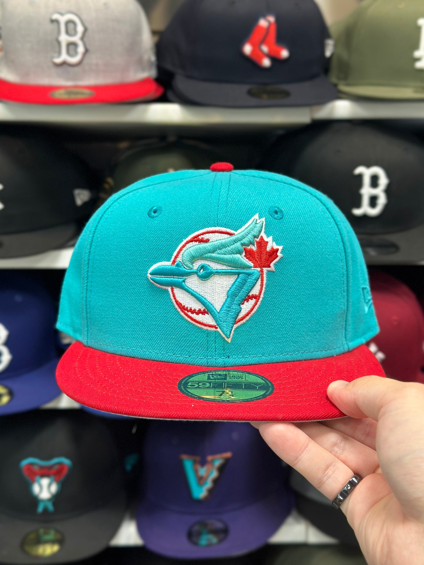 Toronto Blue Jays MLB Fitted Hat | New Era 59FIFTY Sized Cap | Teal/Red