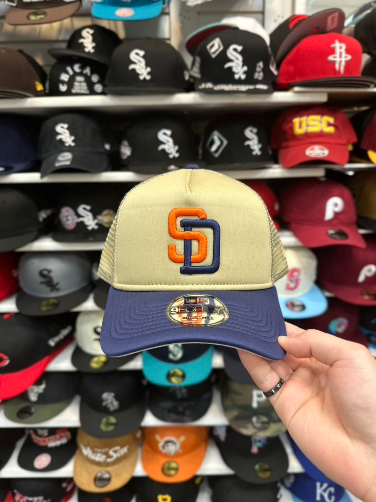 San Diego Padres MLB Foam Trucker | New Era 9FORTY A-Frame Ball Cap | Beige/Navy