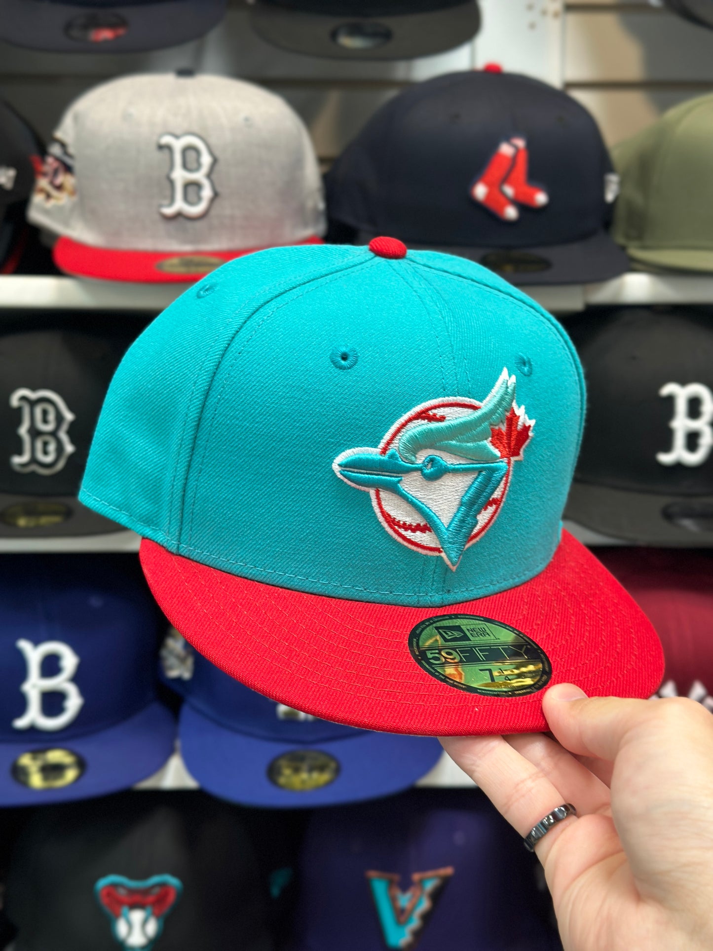 Toronto Blue Jays MLB Fitted Hat | New Era 59FIFTY Sized Cap | Teal/Red