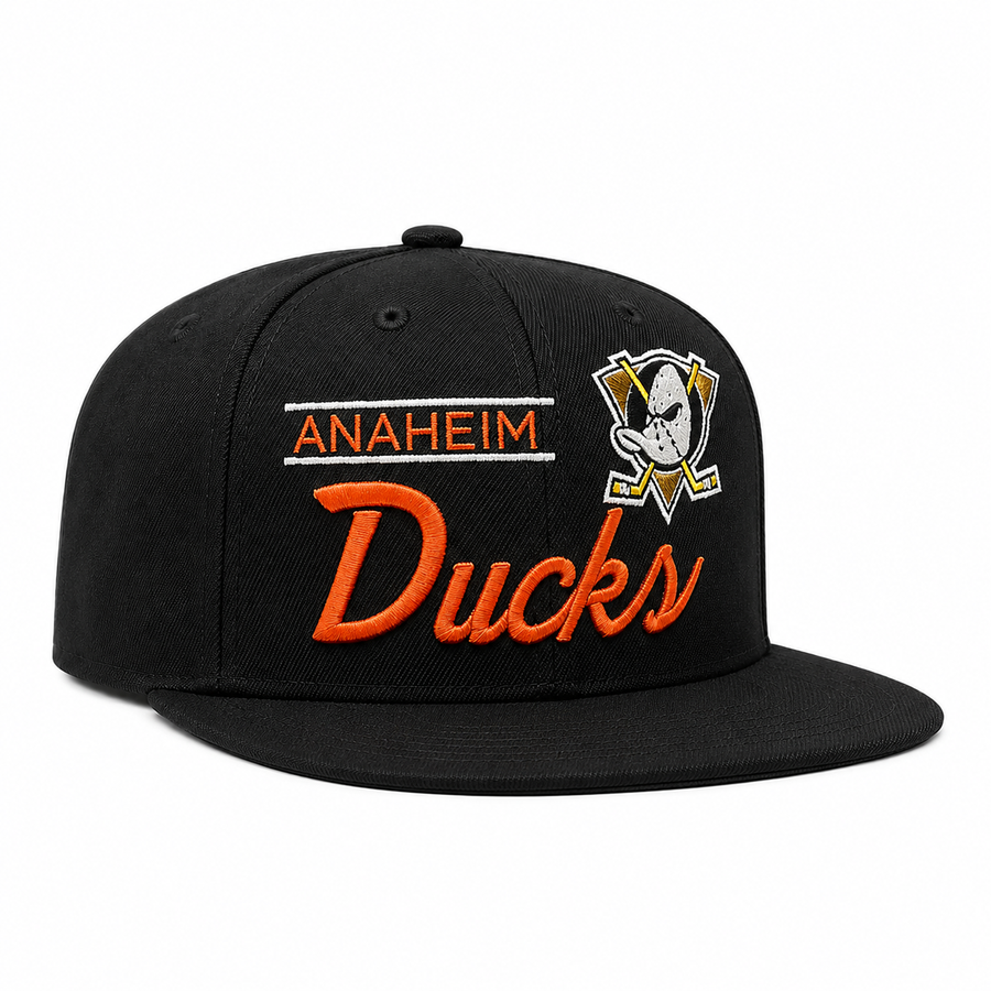 Anaheim Ducks 'Script Logo' Black/Orange Mitchell & Ness Snapback - Product Image