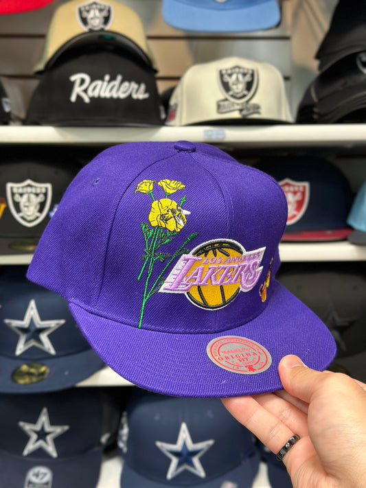 LA Lakers NBA Botanical Patches | Mitchell & Ness Original Fit Adjustable Hat | Purple