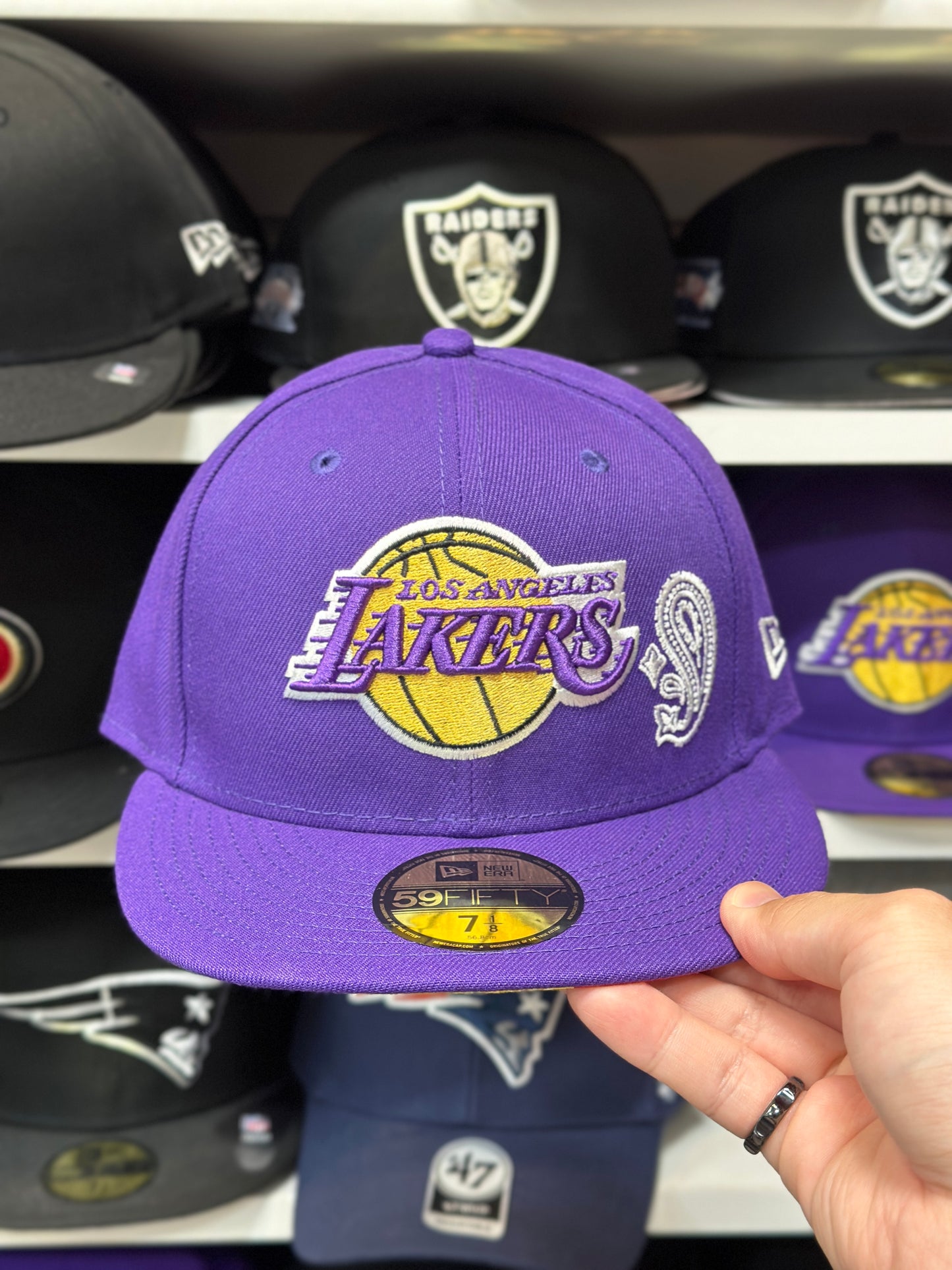 LA Lakers NBA Multicolor Paisley Under Brim | New Era 59FIFTY Fitted Hat | Purple | Multiple Sizes