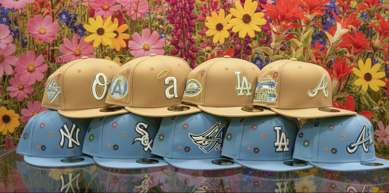 New Era New York Yankees 'Floral Patches - Blue Silk Inline' 59FIFTY Fitted Hat | Pink Under Brim - Product Image