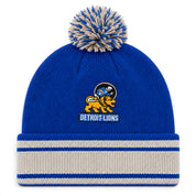 Detroit Lions Heritage Mitchell & Ness Pom Cuff Knit Beanie - Royal Blue/Silver