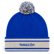 Detroit Lions Heritage Mitchell & Ness Pom Cuff Knit Beanie - Royal Blue/Silver