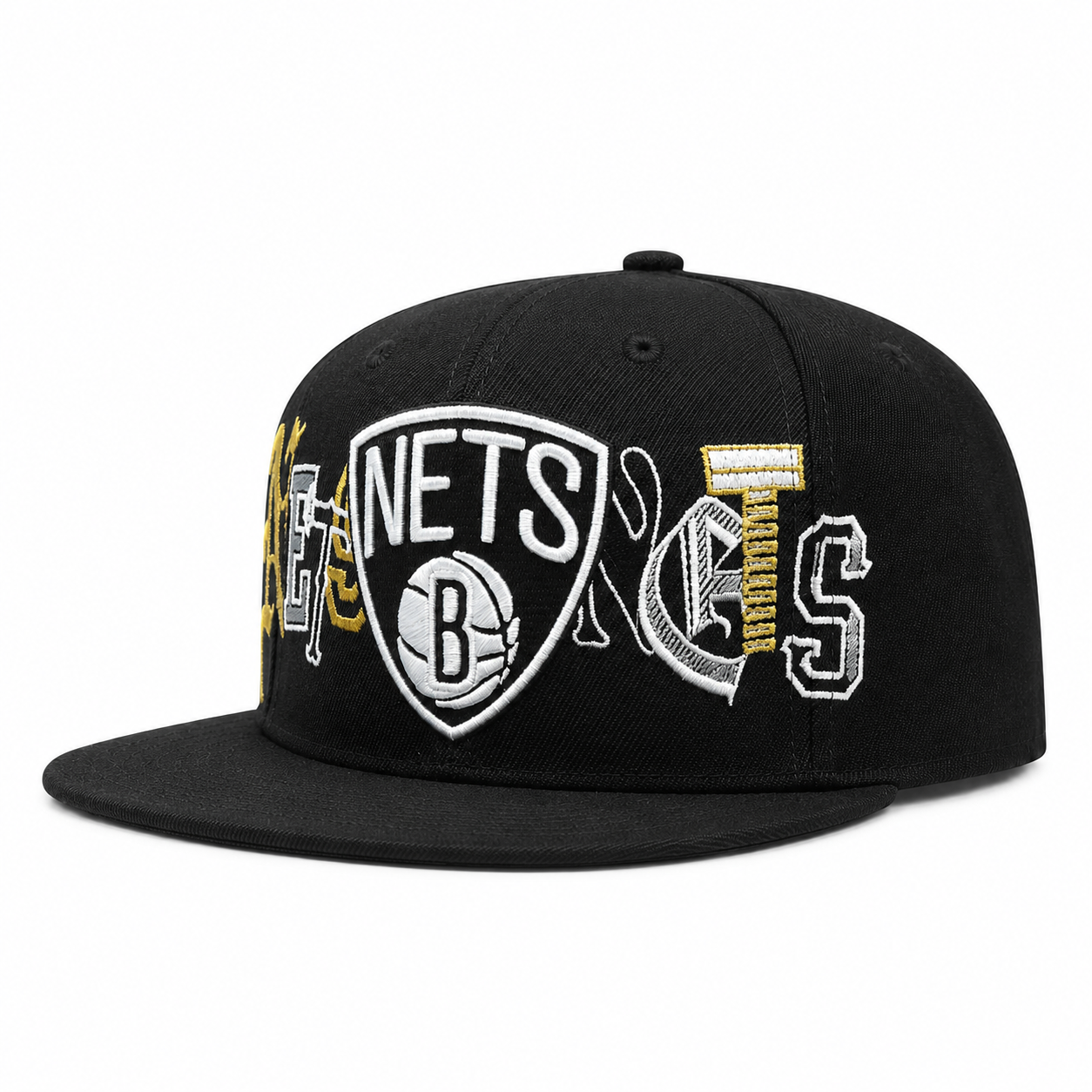 Brooklyn Nets 'Cutout Fonts' Black Mitchell & Ness OG Adjustable Snapback Hat - Product Image