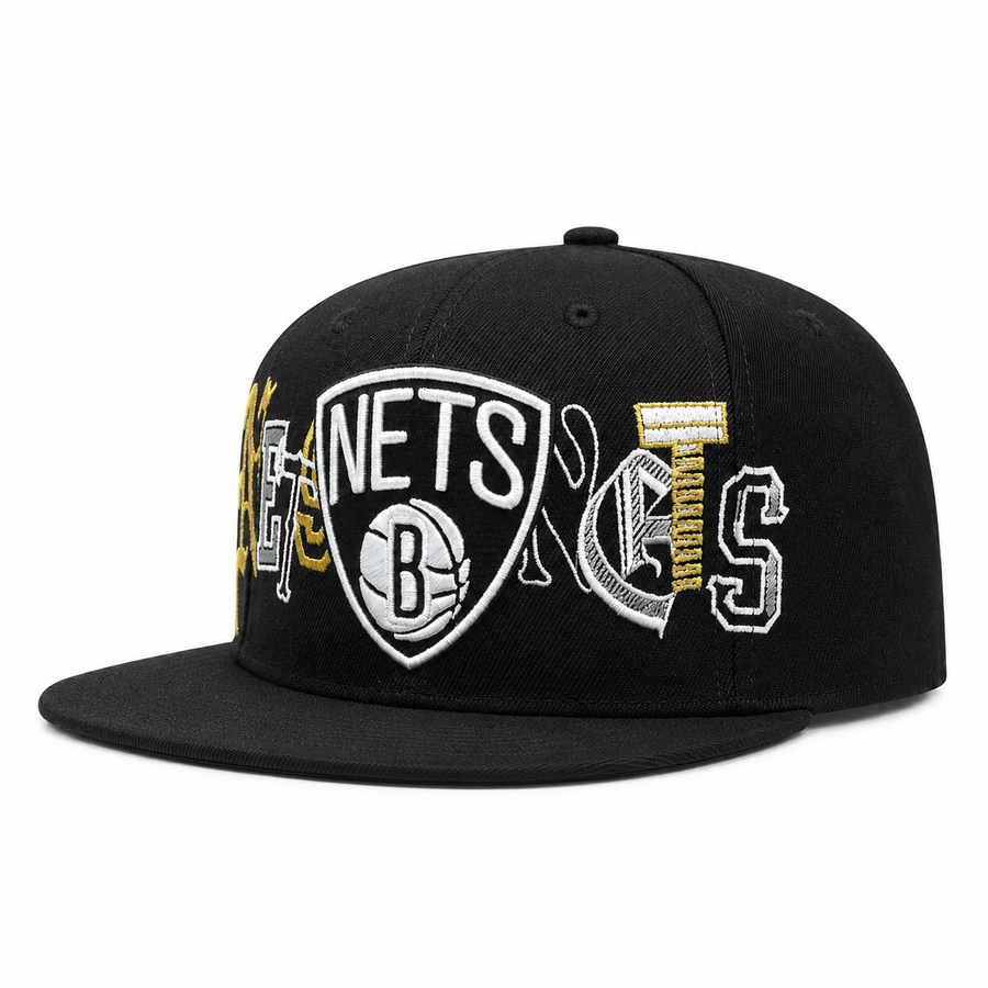 Brooklyn Nets 'Cutout Fonts' Black Mitchell & Ness OG Adjustable Snapback Hat - Product Image