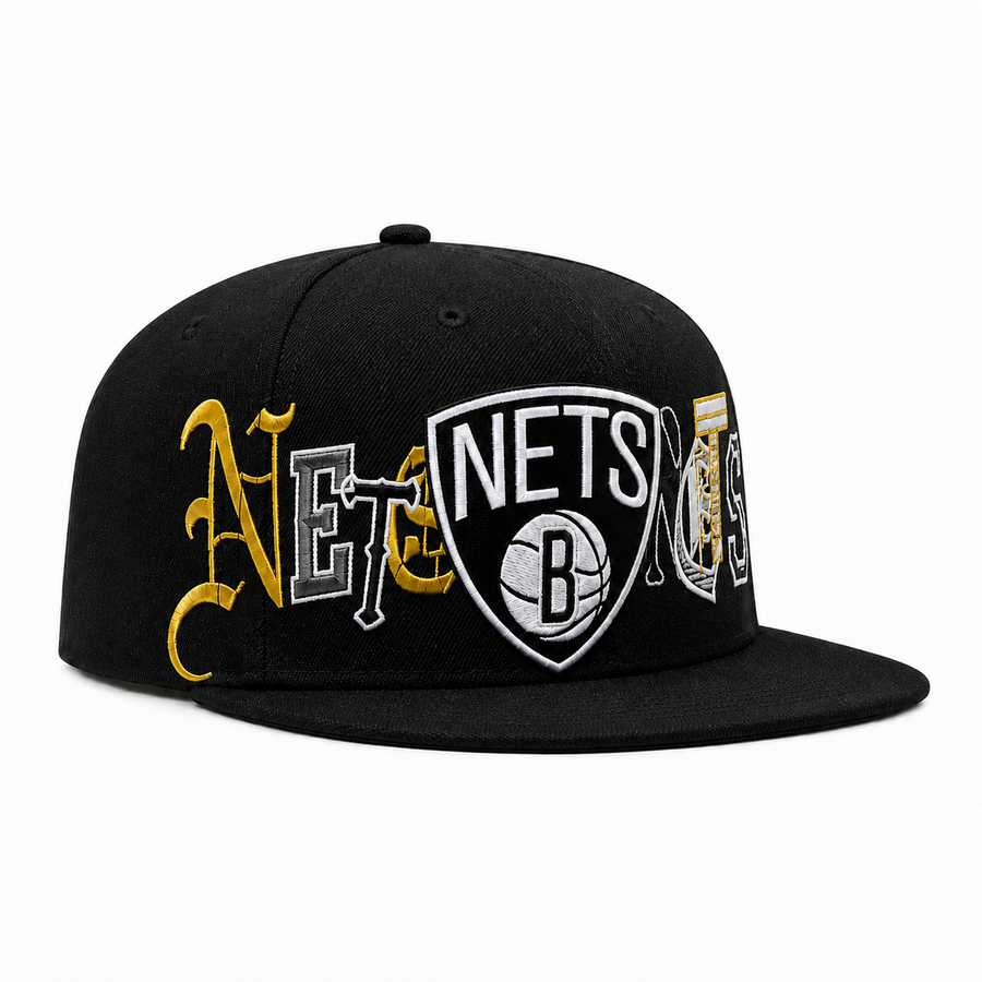 Brooklyn Nets 'Cutout Fonts' Black Mitchell & Ness OG Adjustable Snapback Hat - Product Image