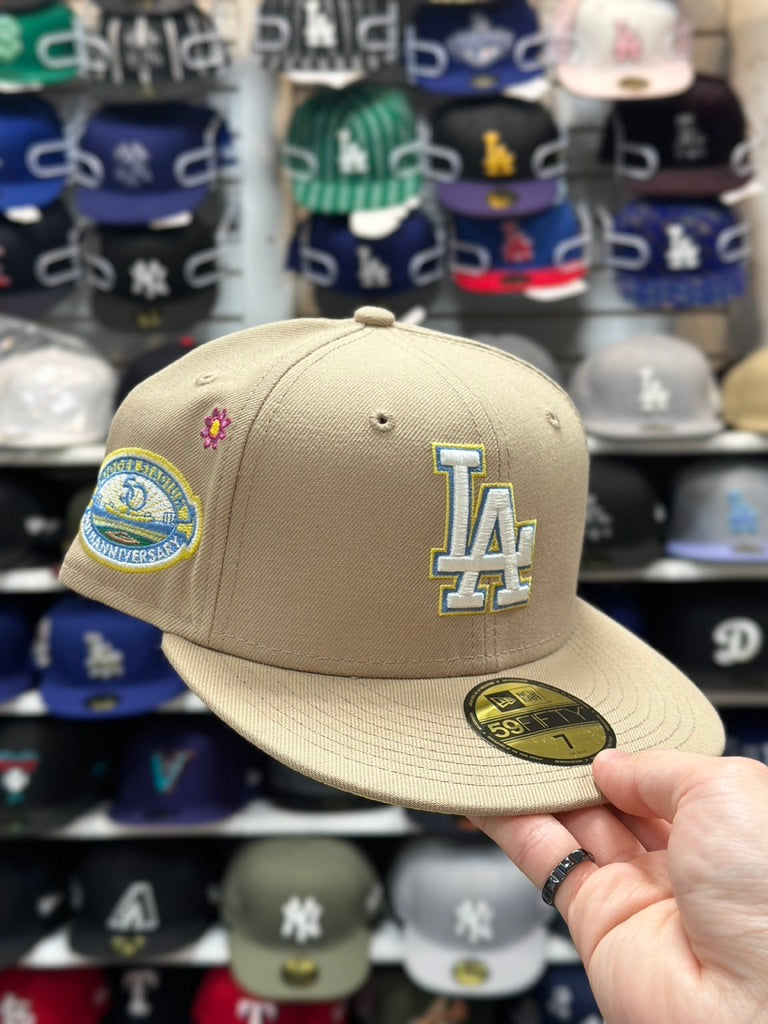 LA Dodgers MLB 50th Anniversary Floral Patch | New Era 59FIFTY Fitted Cap | Tan