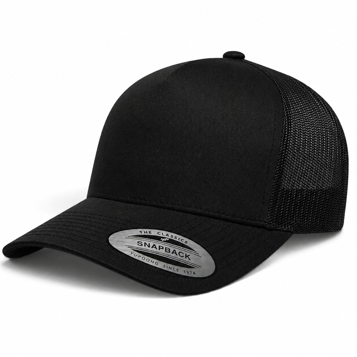 YP Classics A-Frame Blank 5-Panel Adjustable Trucker Snapback Hat - Black/Black - Product Image
