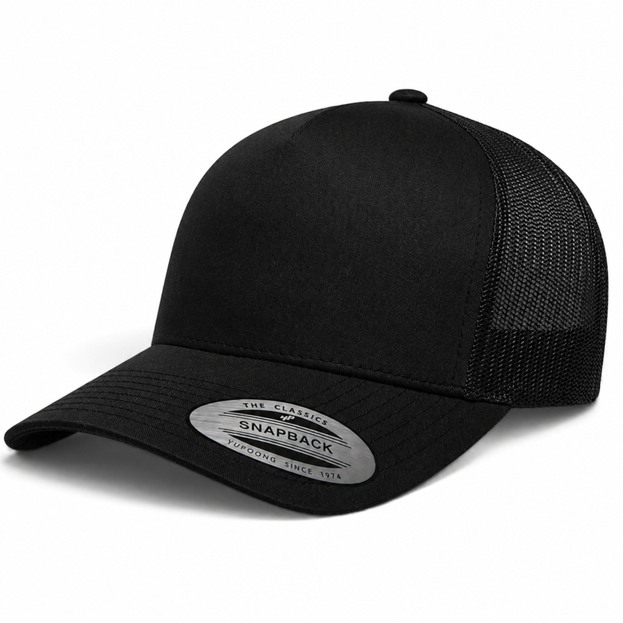 YP Classics A-Frame Blank 5-Panel Adjustable Trucker Snapback Hat - Black/Black - Product Image