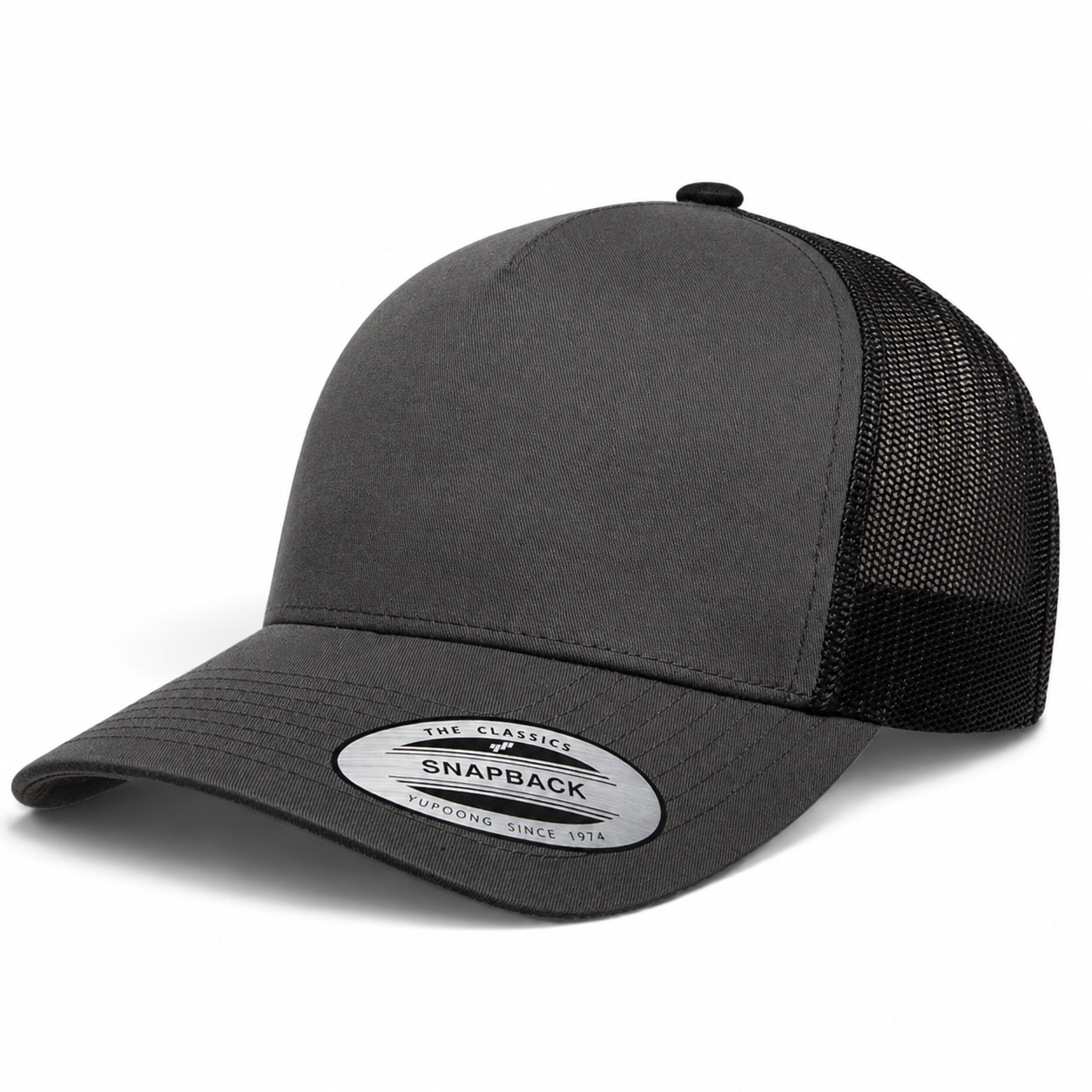 YP Classics A-Frame Blank 5-Panel Adjustable Trucker Snapback Hat - Dark Gray/Black