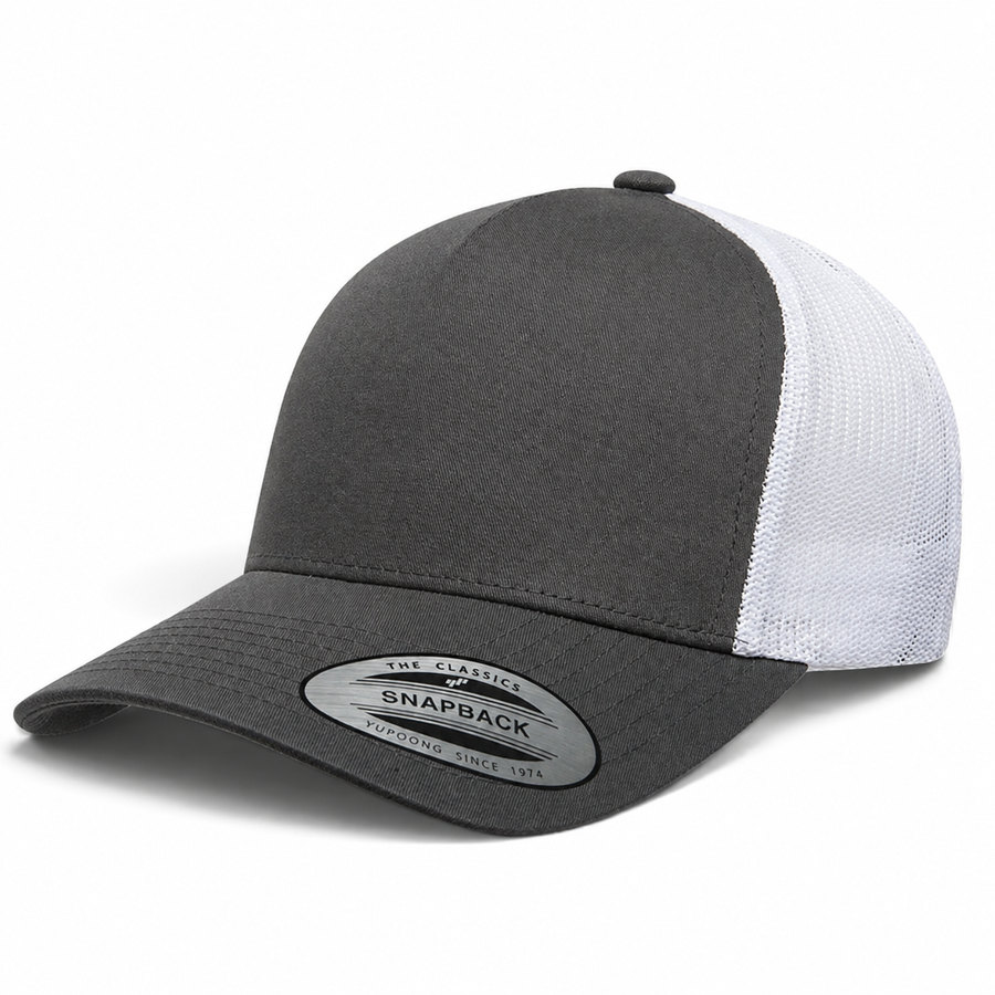 YP Classics A-Frame Blank 5-Panel Adjustable Trucker Snapback Hat - Dark Gray/White