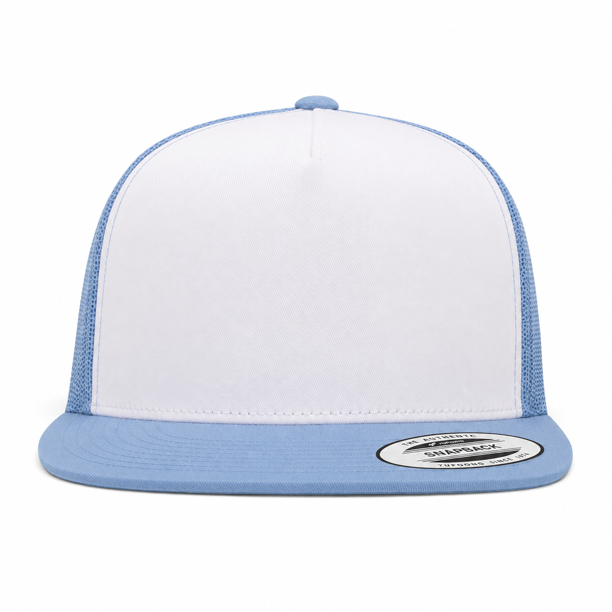 YP Classics Premium Blank Adjustable Trucker Snapback Hat - White/Baby Blue - Product Image