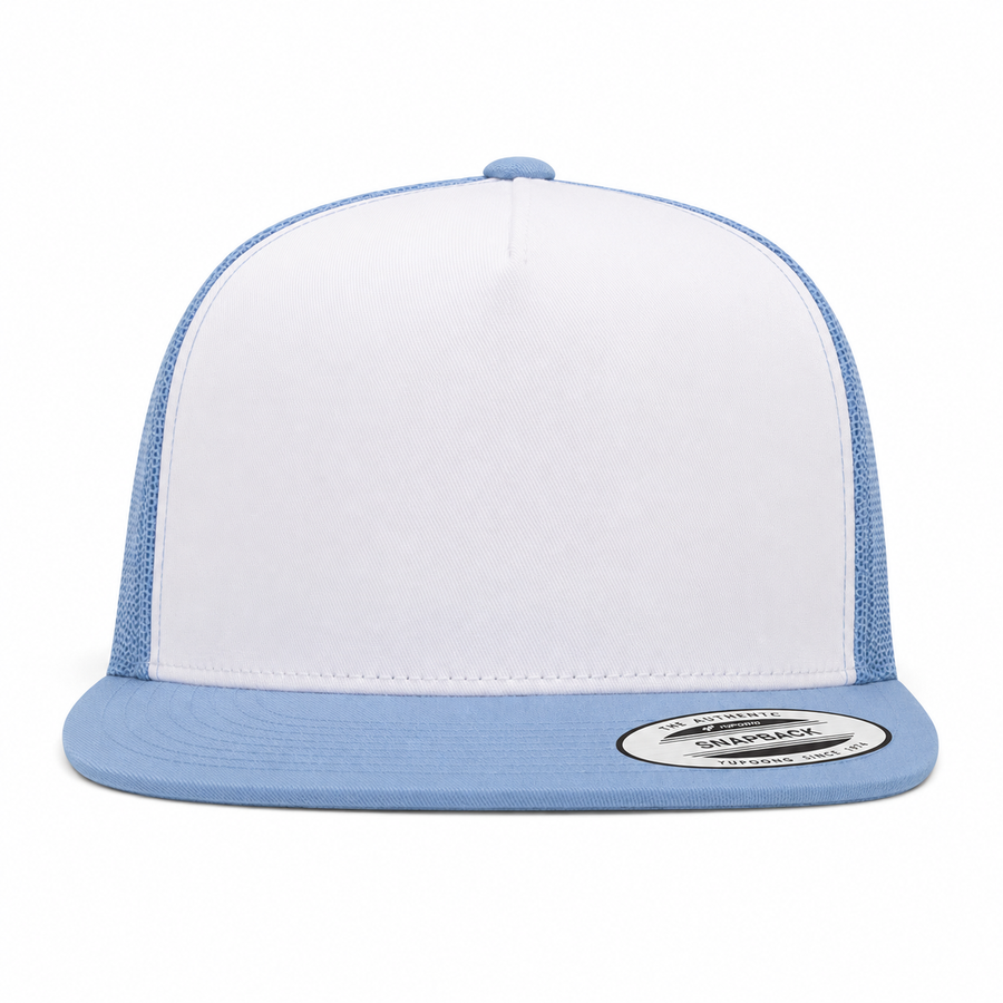 YP Classics Premium Blank Adjustable Trucker Snapback Hat - White/Baby Blue - Product Image