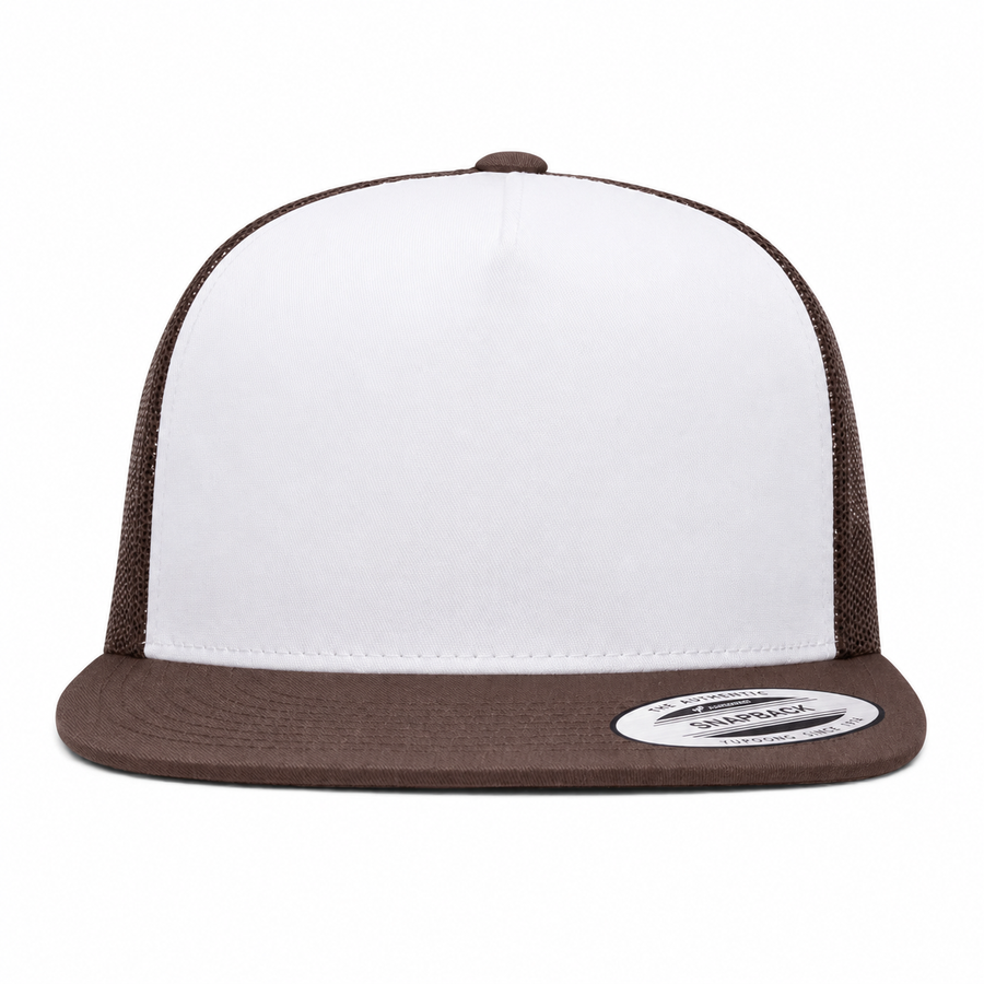 YP Classics Premium Blank Adjustable Trucker Snapback Hat - White/Brown - Product Image