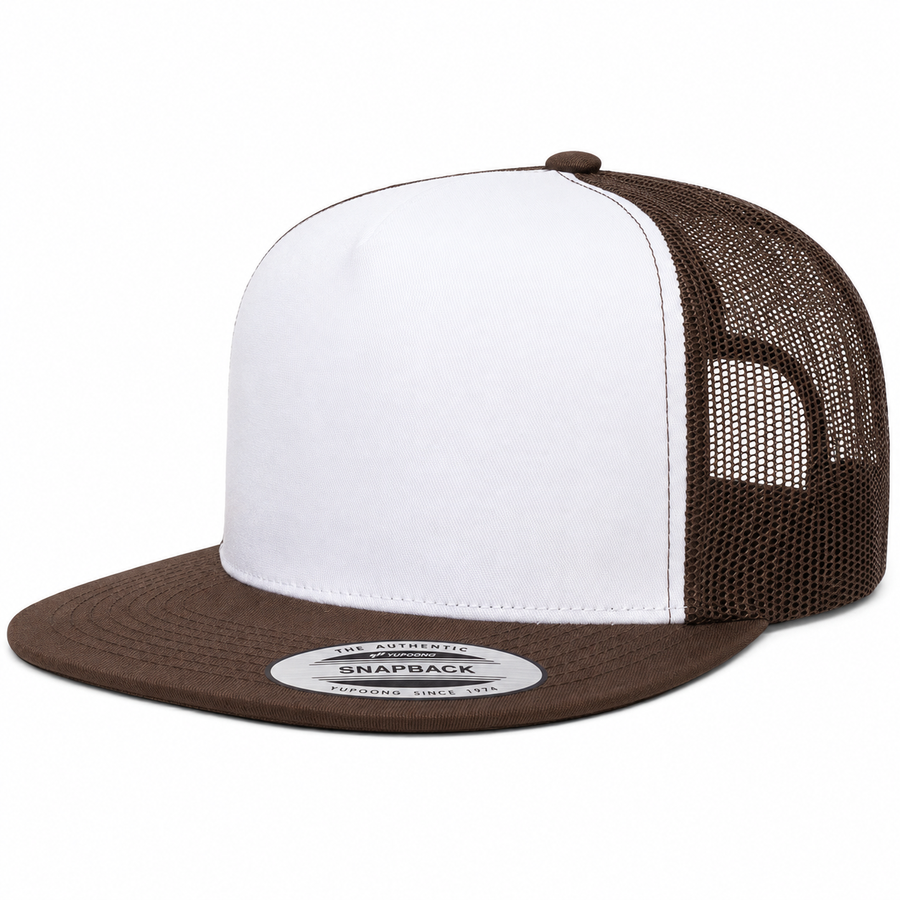 YP Classics Premium Blank Adjustable Trucker Snapback Hat - White/Brown - Product Image