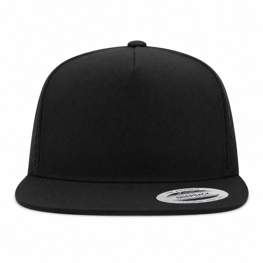 YP Classics Premium Blank 5-Panel Adjustable Trucker Snapback Hat - Black/Black - Product Image