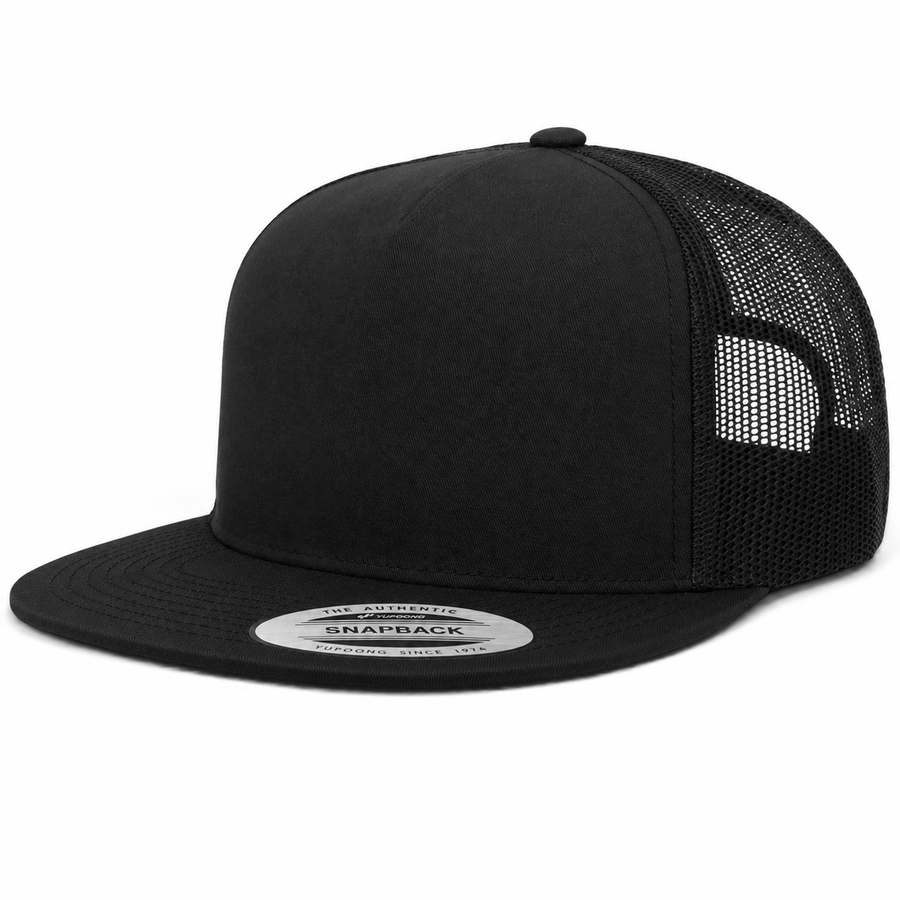 YP Classics Premium Blank 5-Panel Adjustable Trucker Snapback Hat - Black/Black - Product Image
