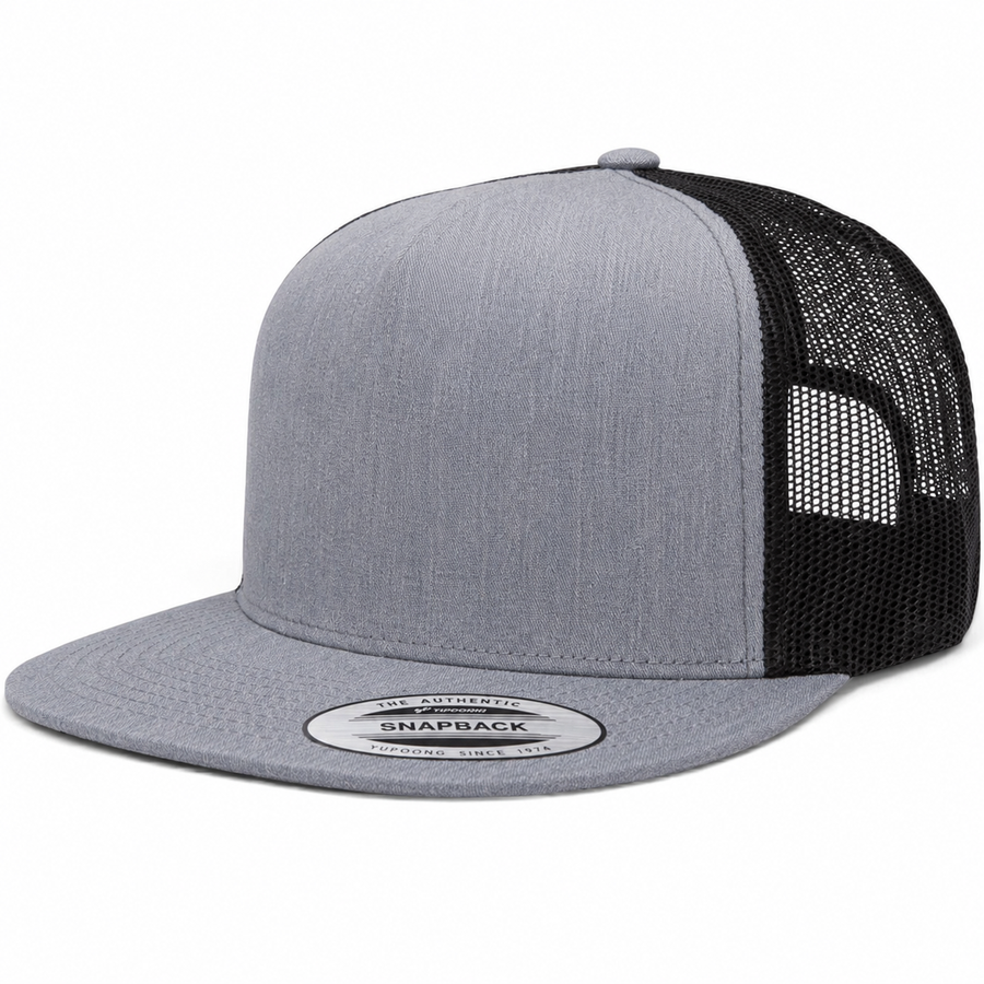 YP Classics Premium Blank 5-Panel Adjustable Trucker Snapback Hat - Heather Gray/Black