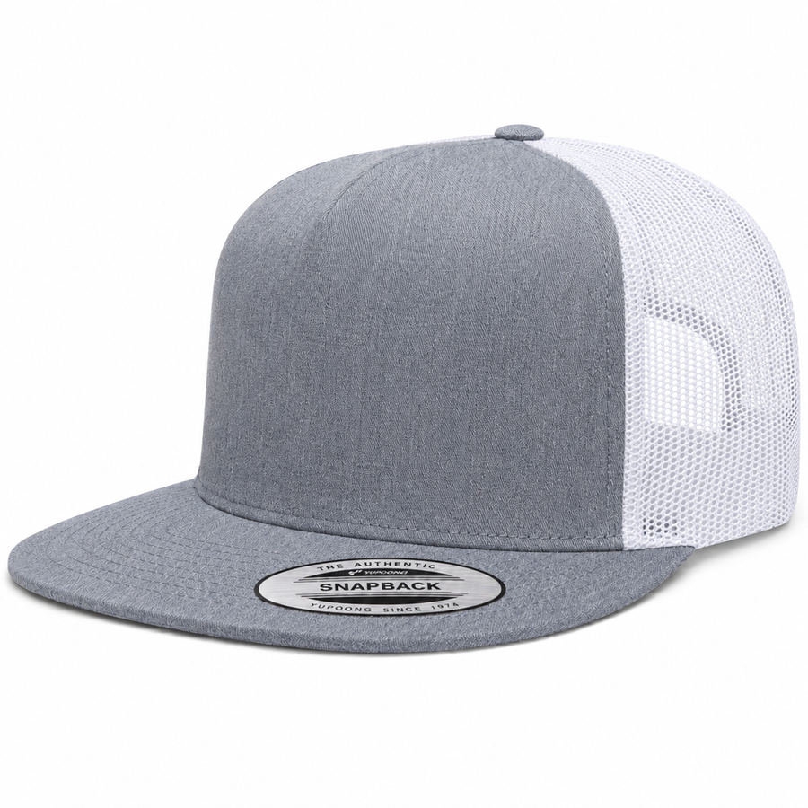 YP Classics Premium Blank 5-Panel Adjustable Trucker Snapback Hat - Heather Gray/White