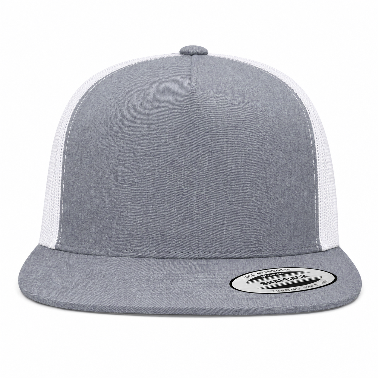 YP Classics Premium Blank 5-Panel Adjustable Trucker Snapback Hat - Heather Gray/White
