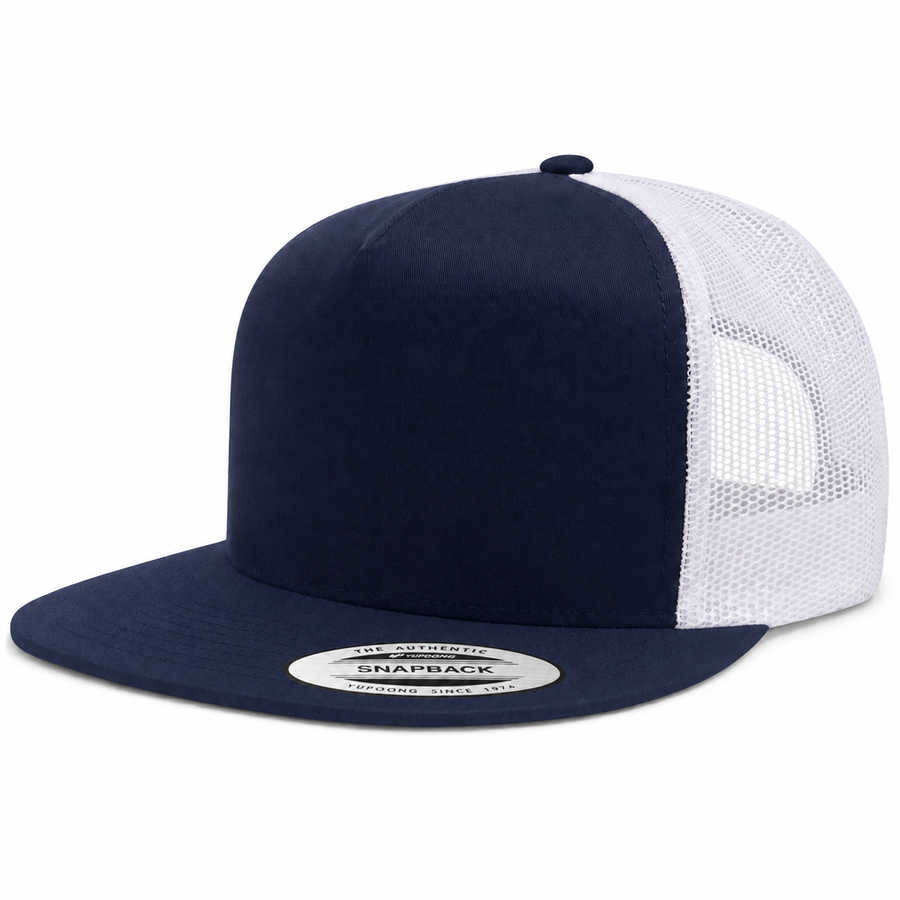 YP Classics Premium Blank 5-Panel Adjustable Trucker Snapback Hat - Navy/White