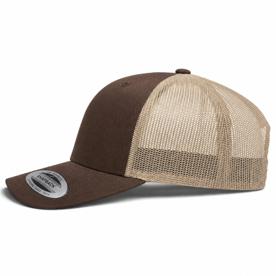 YP Classics Retro Blank 6-Panel Adjustable Trucker Snapback Hat - Brown/Sand