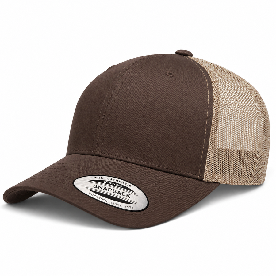 YP Classics Retro Blank 6-Panel Adjustable Trucker Snapback Hat - Brown/Sand