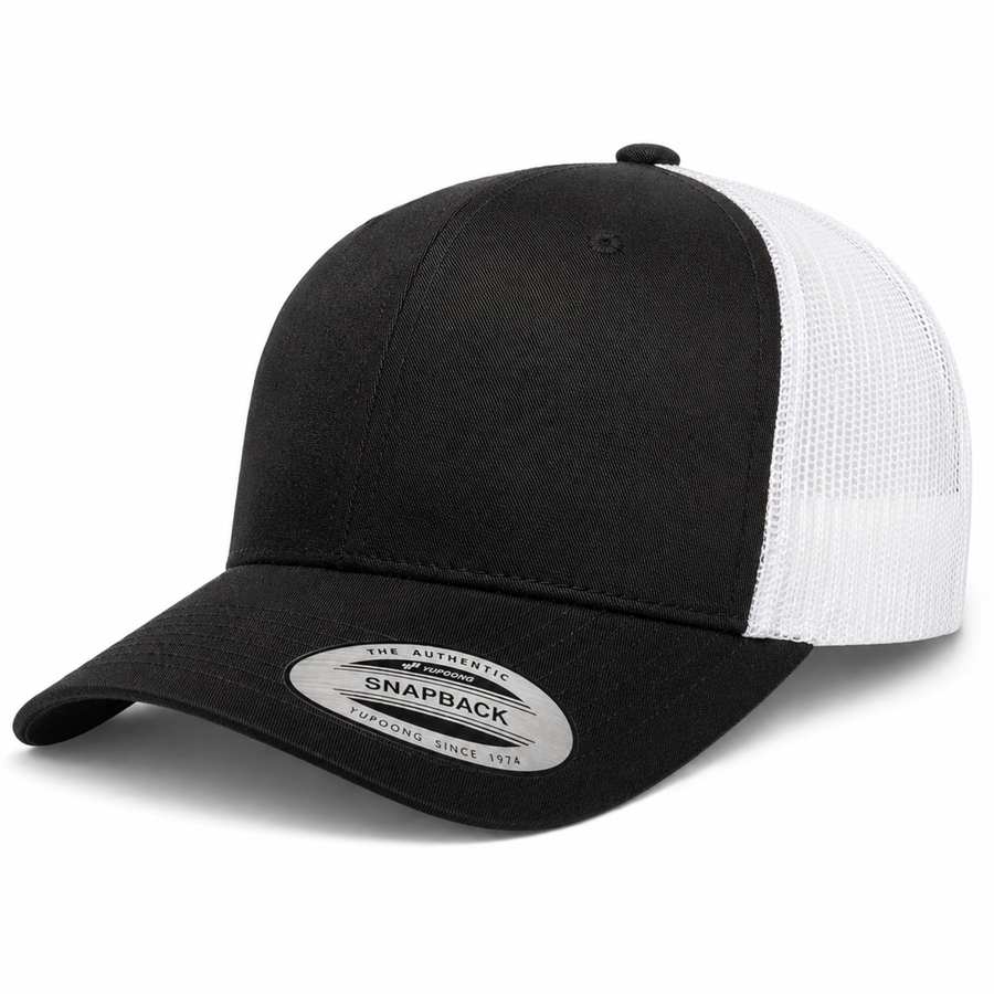 YP Classics Retro Blank 6-Panel Adjustable Trucker Snapback Hat - Black/White