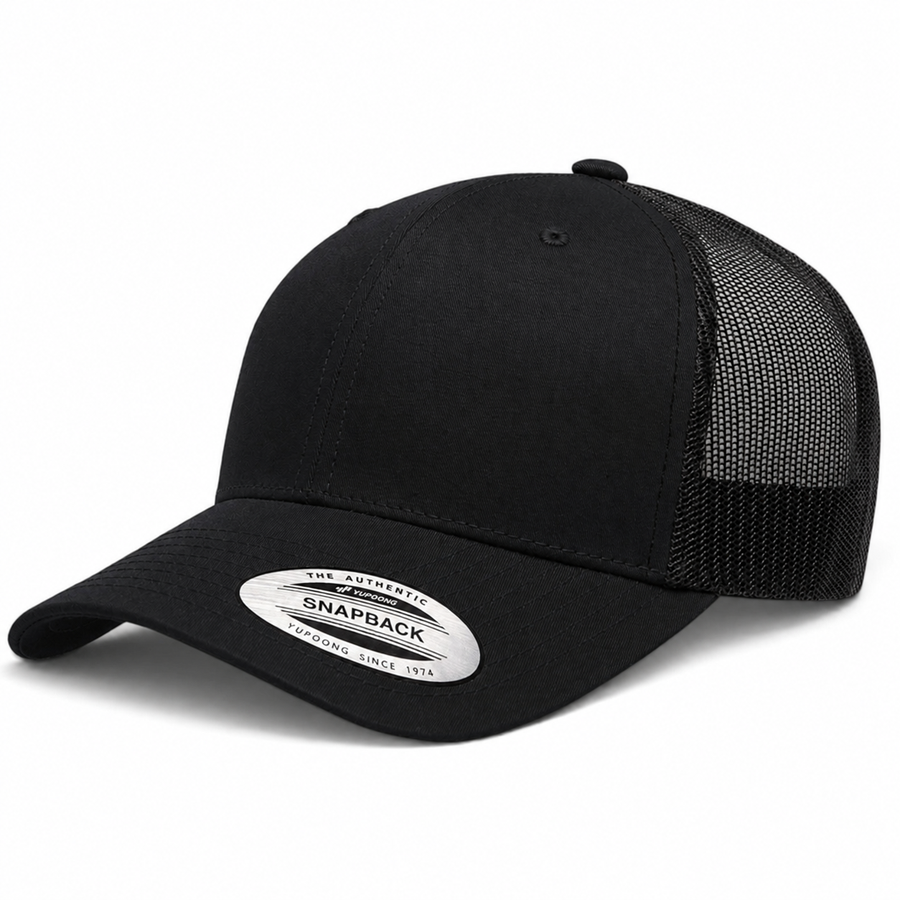 YP Classics Retro Blank 6-Panel Adjustable Trucker Snapback Hat - Black/Black