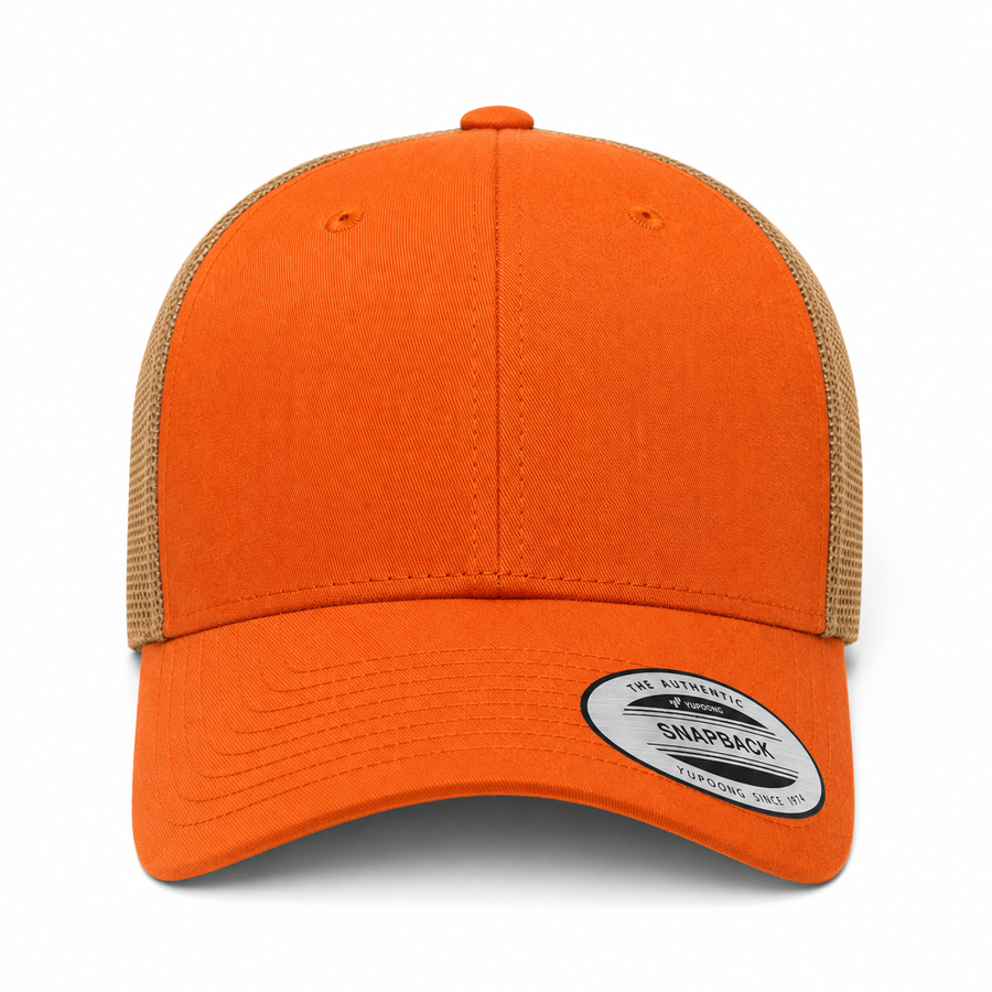 YP Classics Retro Blank 6-Panel Adjustable Trucker Snapback Hat - Orange/Khaki