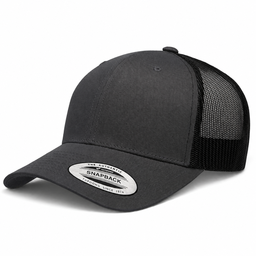 YP Classics Retro Blank 6-Panel Adjustable Trucker Snapback Hat - Dark Gray/Black