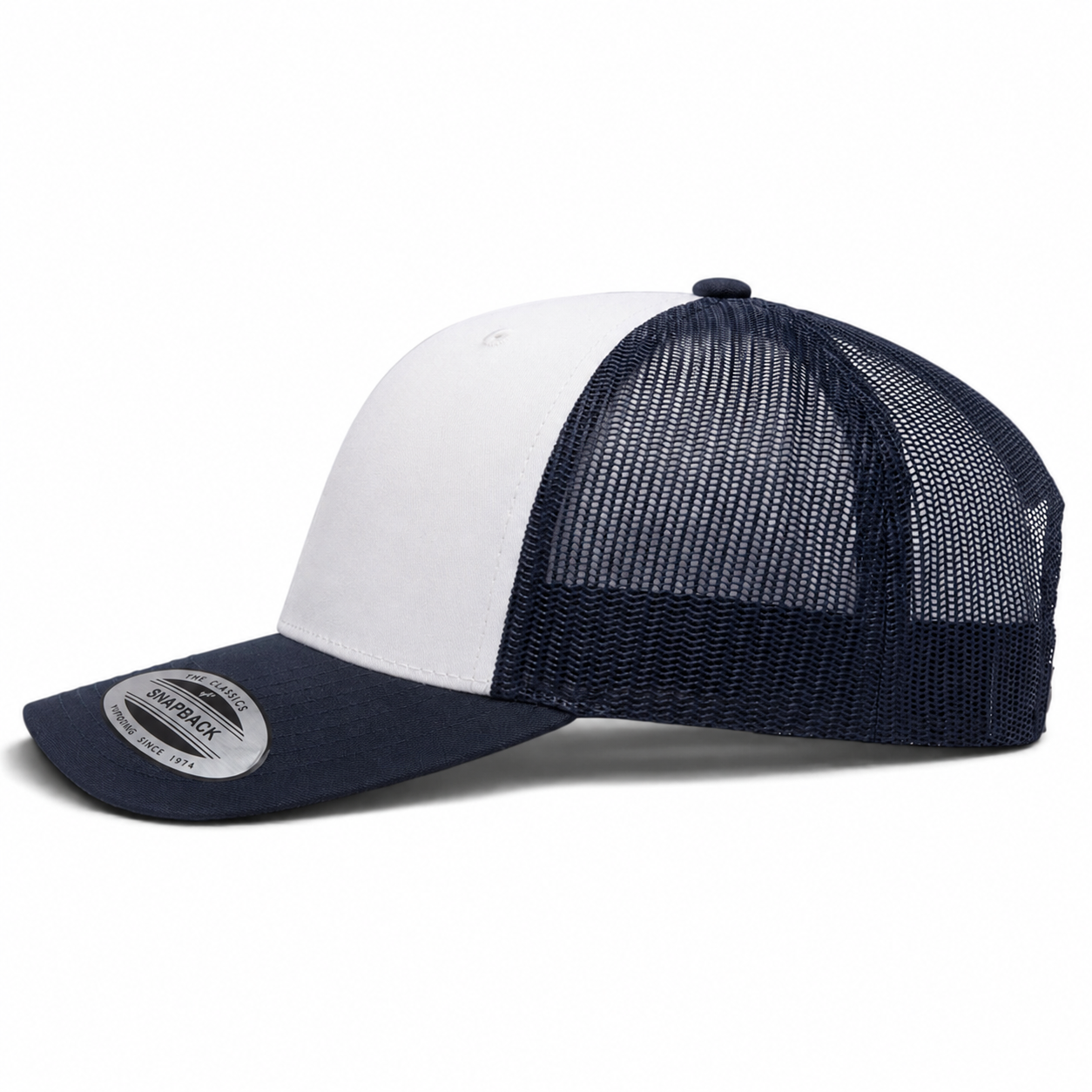 YP Classics Retro Blank 6-Panel Adjustable Trucker Snapback Hat - White/Navy
