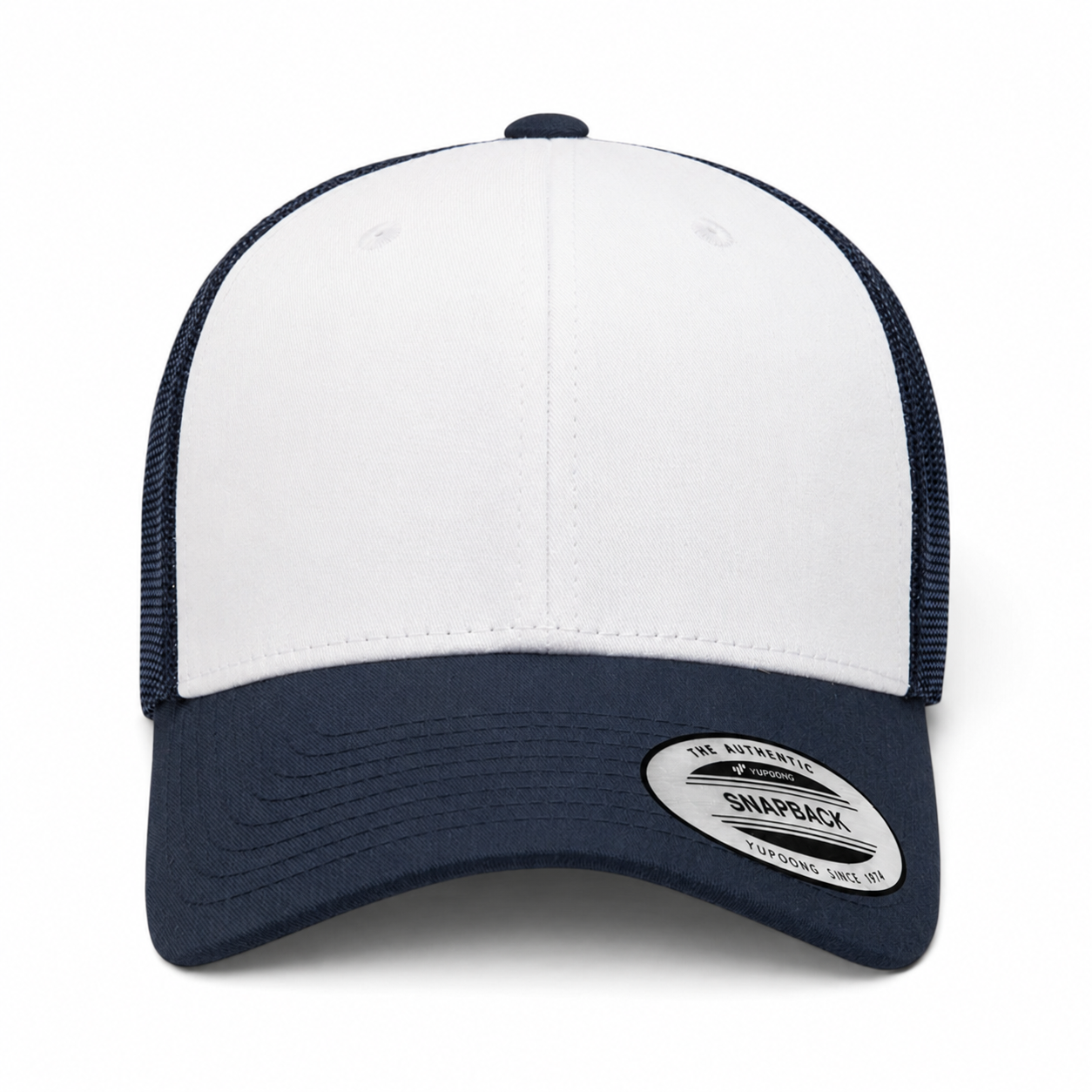 YP Classics Retro Blank 6-Panel Adjustable Trucker Snapback Hat - White/Navy