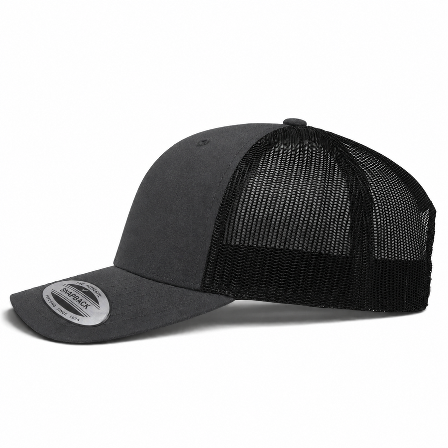 YP Classics Retro Blank 6-Panel Adjustable Trucker Snapback Hat - Dark Gray/Black