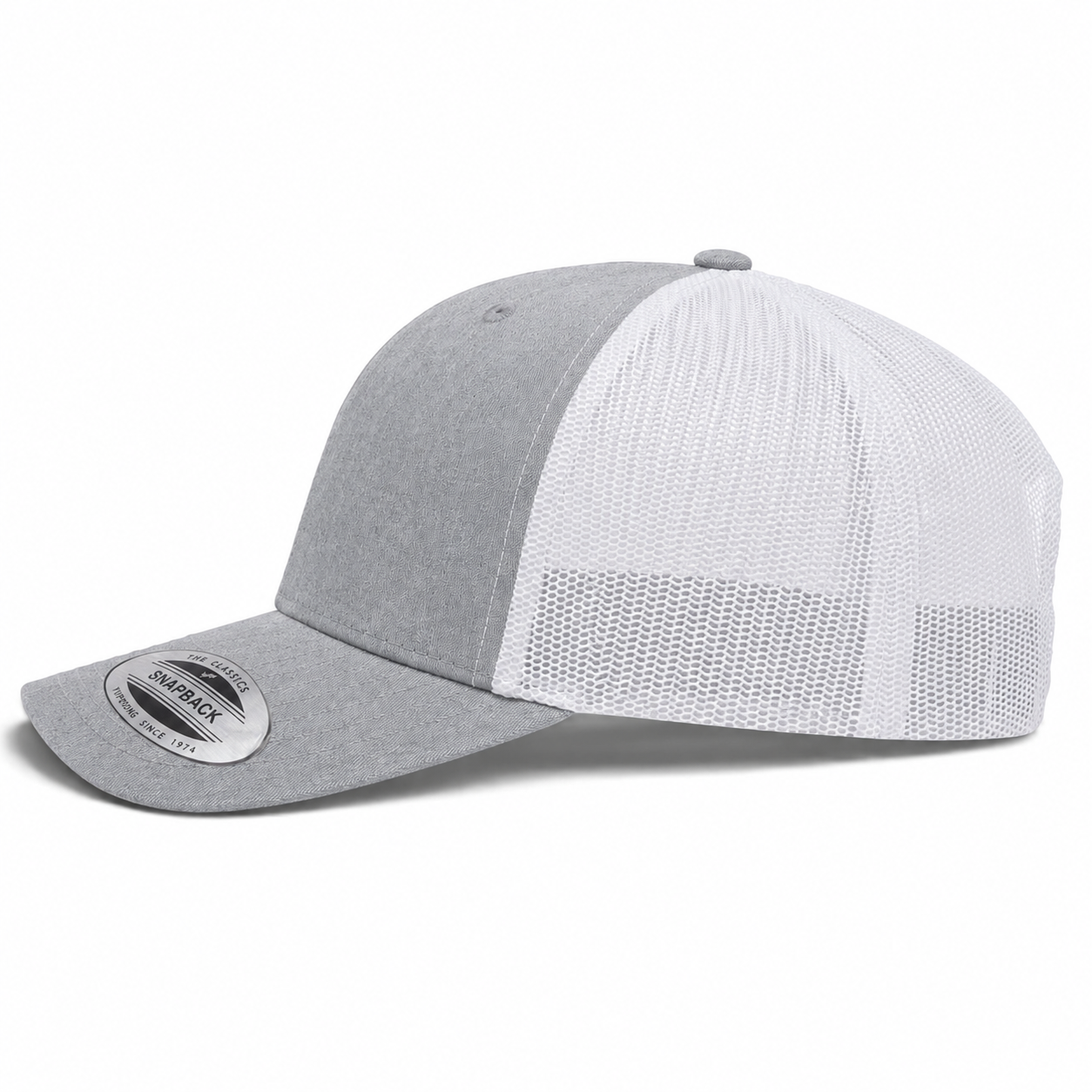 YP Classics Retro Blank 6-Panel Adjustable Trucker Snapback Hat - Heather Gray/White