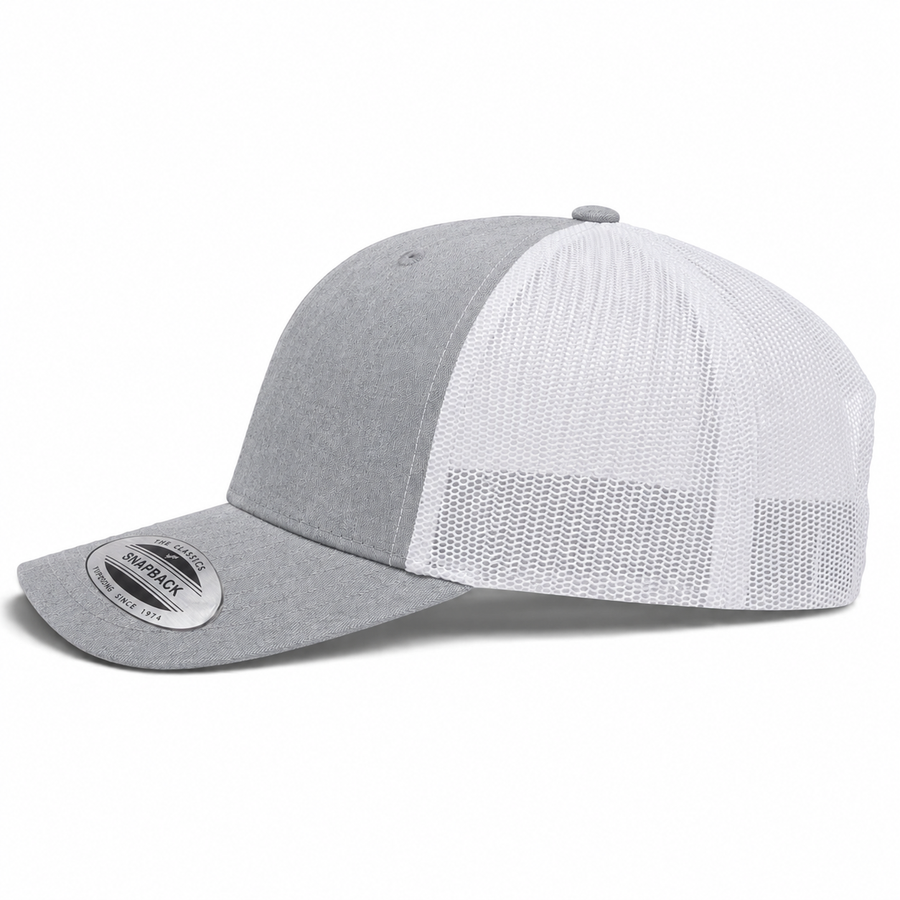 YP Classics Retro Blank 6-Panel Adjustable Trucker Snapback Hat - Heather Gray/White