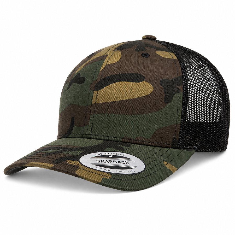 YP Classics Retro Blank 6-Panel Adjustable Trucker Snapback Hat - Camouflage/Black
