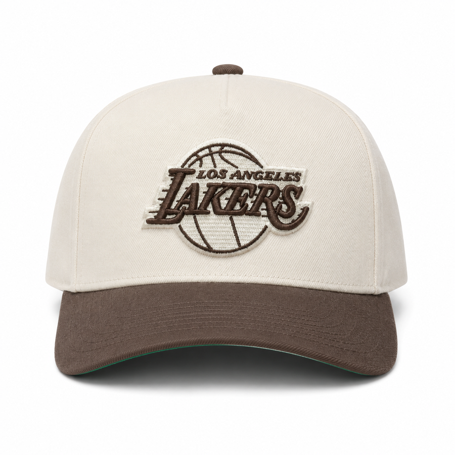 Los Angeles Lakers Creme/Brown A-Frame Mitchell & Ness Adjustable Pro Pinch Snapback - Product Image