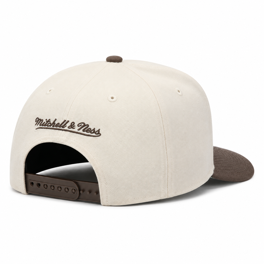 Los Angeles Lakers Creme/Brown A-Frame Mitchell & Ness Adjustable Pro Pinch Snapback - Product Image