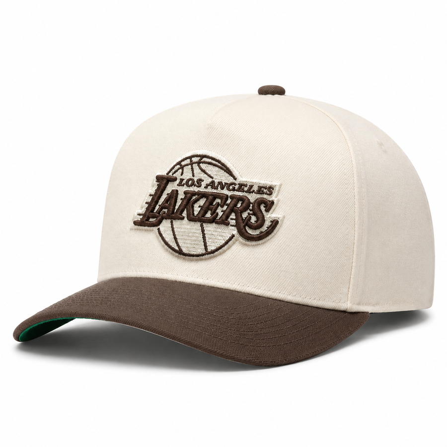 Los Angeles Lakers Creme/Brown A-Frame Mitchell & Ness Adjustable Pro Pinch Snapback - Product Image